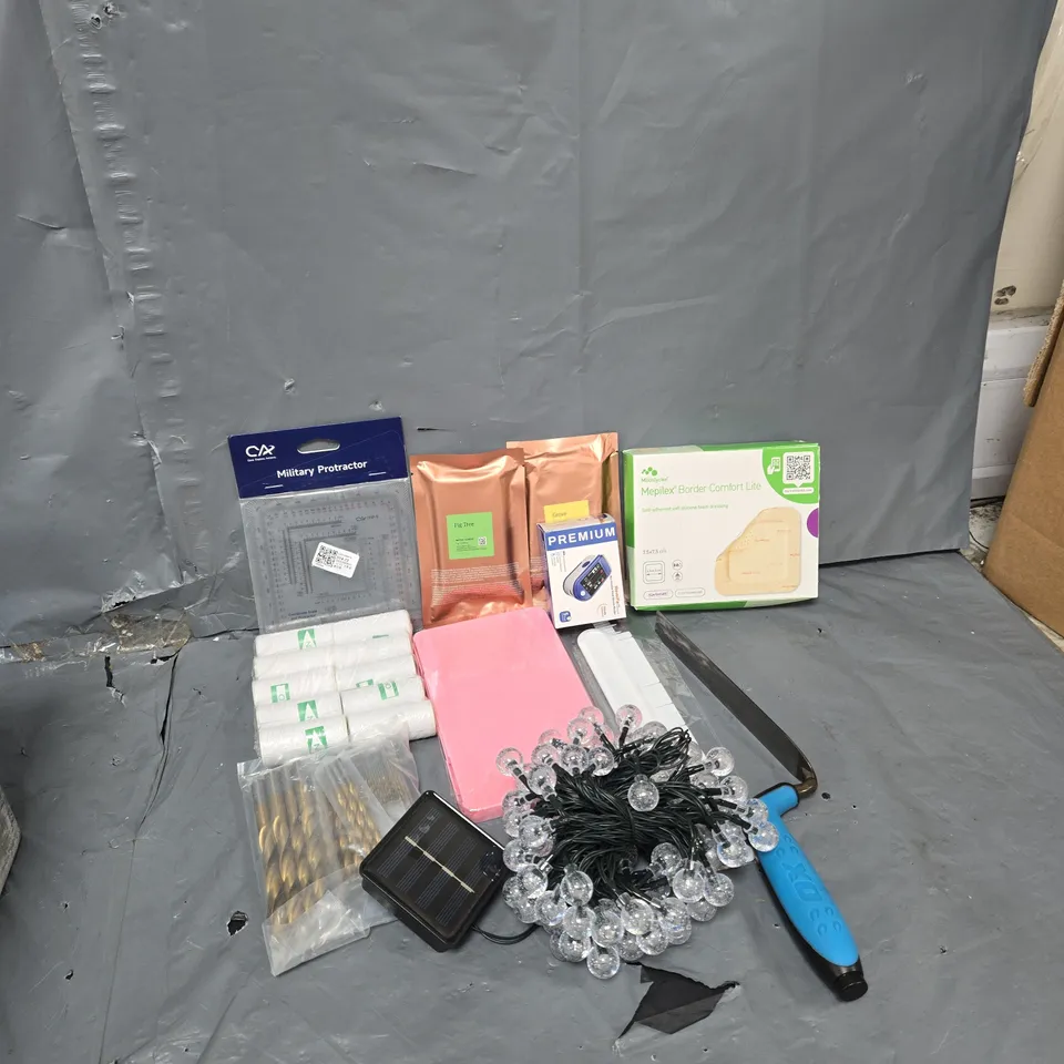 APPROXIMATELY 20 ASSORTED HOUSEHOLD ITEMS TO INCLUDE STRING LIGHTS, REMIFA BLOOD GLUCOSE MONITOR, MILITARY PROTRACTER, ETC