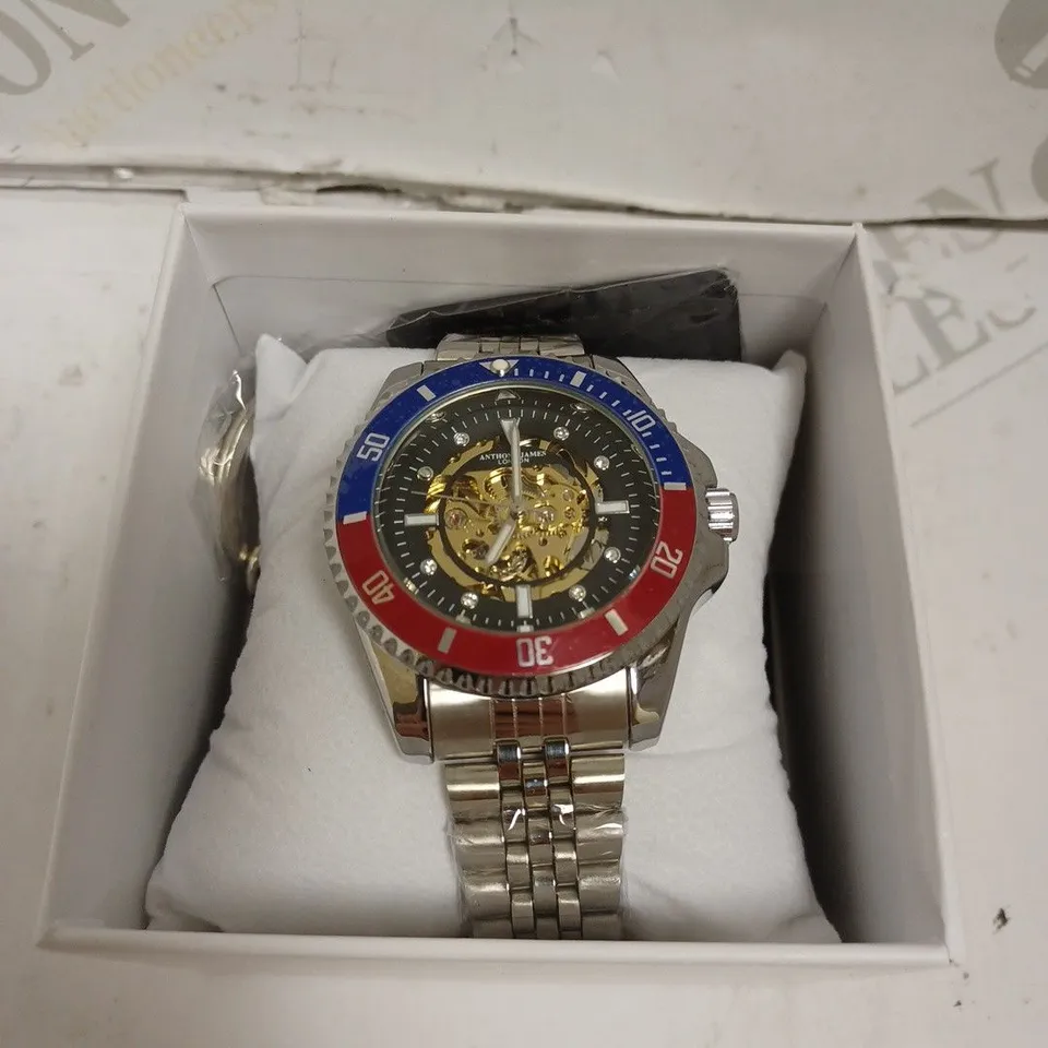 BOXED ANTHONY JAMES SKELTON SPORTS WATCH - AUTOMATIC - STAINLESS STEEL - WATER RESIATNT 3 ATM. 