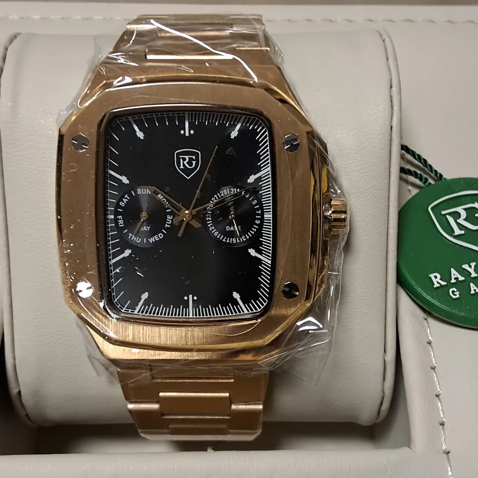 RAYMOND GAUDIN STAINLESS STEEL ANGULAR BLACK FACED WATCH WITH METAL STRAP IN PRESENTATION BOX