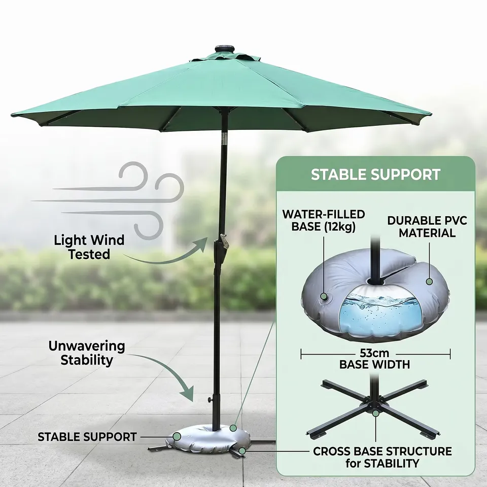 BLISS - BEYOND LED GARDEN PARASOL WITH TILT - CRANK (2.7M) WITH 24 WARM LIGHT BEADS - GREEN