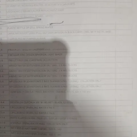 APPROXIMATELY 43 ASSORTED PRODUCTS TO INCLUDE; FINEST FILTERS FRIDGE FILTER CARTRIDGE, HUNT HOUSE FISHING LURE, GRANT HYDRO TRIPLE PASS FIRE GRATE, CLEAR BLIND WITH WHEEL AND CHAIN AND S PELLEGRINO SP
