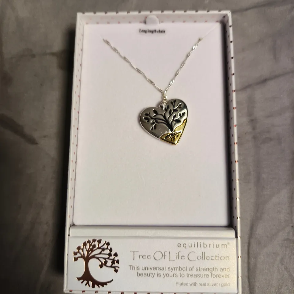 EQUILIBRIUM TREE OF LIFE HEART PENDANT NECKLACE – TWO-TONE WITH LONG CHAIN (BOXED)
