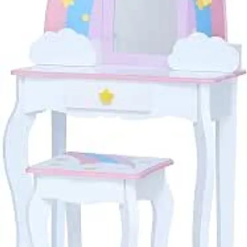 BOXED TEAMSON KIDS LITTLE DREAMER RAINBOW UNICORN PLAY VANITY SET WITH RAINBOW-SHAPED MIRROR FRAME, CLOUD-SHAPED STORAGE DRAWERS, AND STOOL, WHITE WITH PINK, BLUE AND LILAC RAINBOW ACCENTS