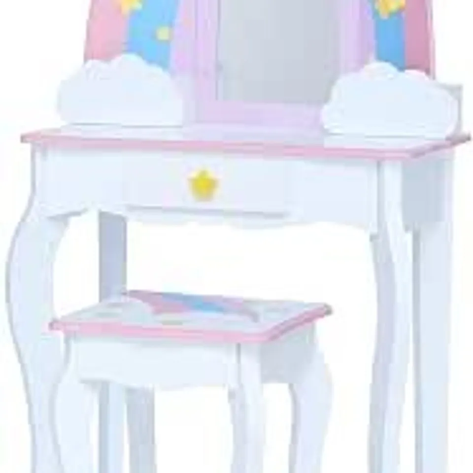 BOXED TEAMSON KIDS LITTLE DREAMER RAINBOW UNICORN PLAY VANITY SET WITH RAINBOW-SHAPED MIRROR FRAME, CLOUD-SHAPED STORAGE DRAWERS, AND STOOL, WHITE WITH PINK, BLUE AND LILAC RAINBOW ACCENTS