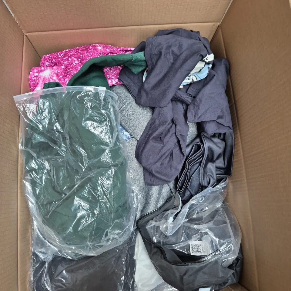 LARGE BOX OF APPROXIMATELY 20 ASSORTED CLOTHING ITEMS IN VARIOUS SIZES, STYLES AND COLOUR 