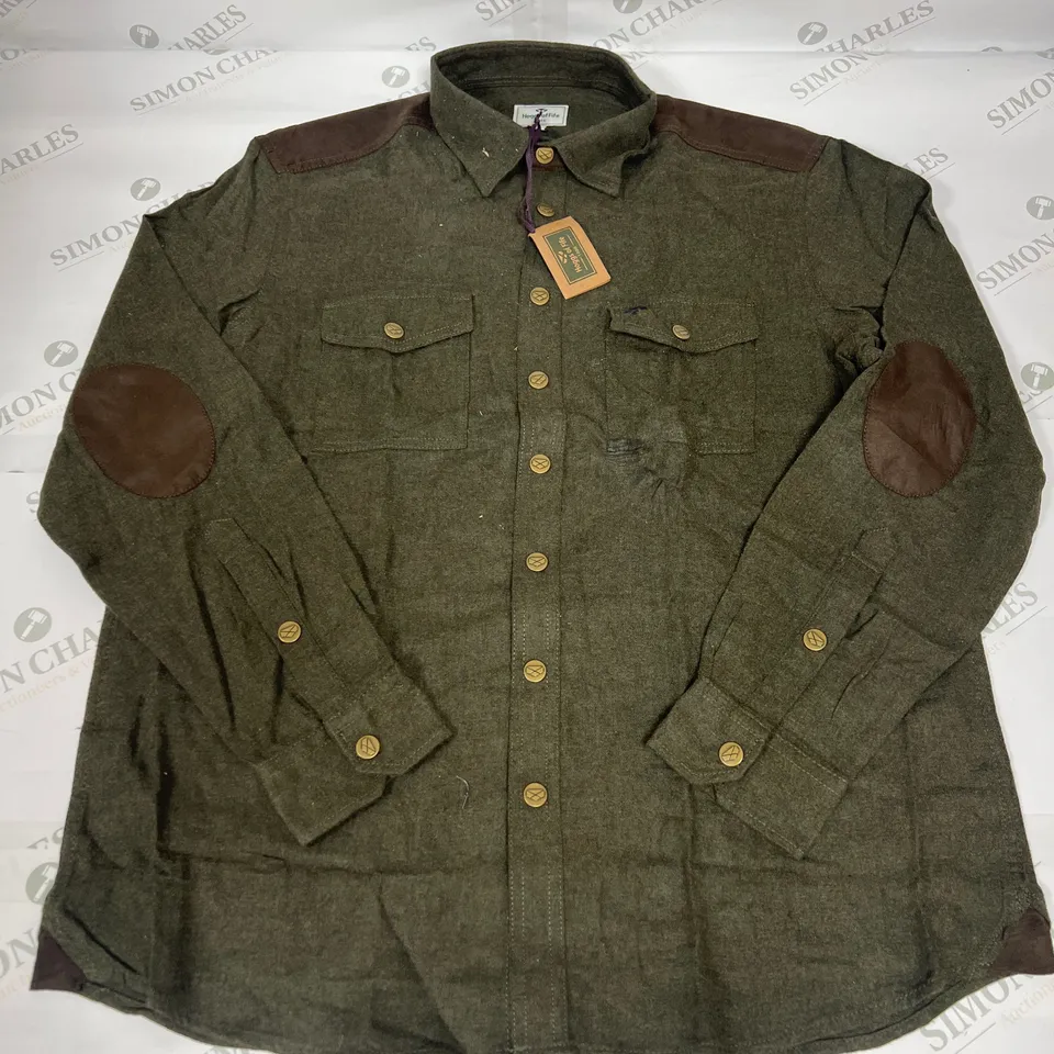 HOGGS OF FIFE DUNVEGAN HEAVYWEIGHT FLANNEL LODEN SHIRT IN OLIVE SIZE L