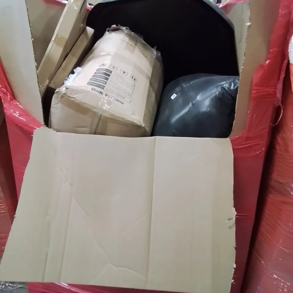 PALLET OF ASSORTED ITEMS TO INCLUDE LARGE PLASTIC TRAY, WALL CLOCK AND HEATED BLANKET