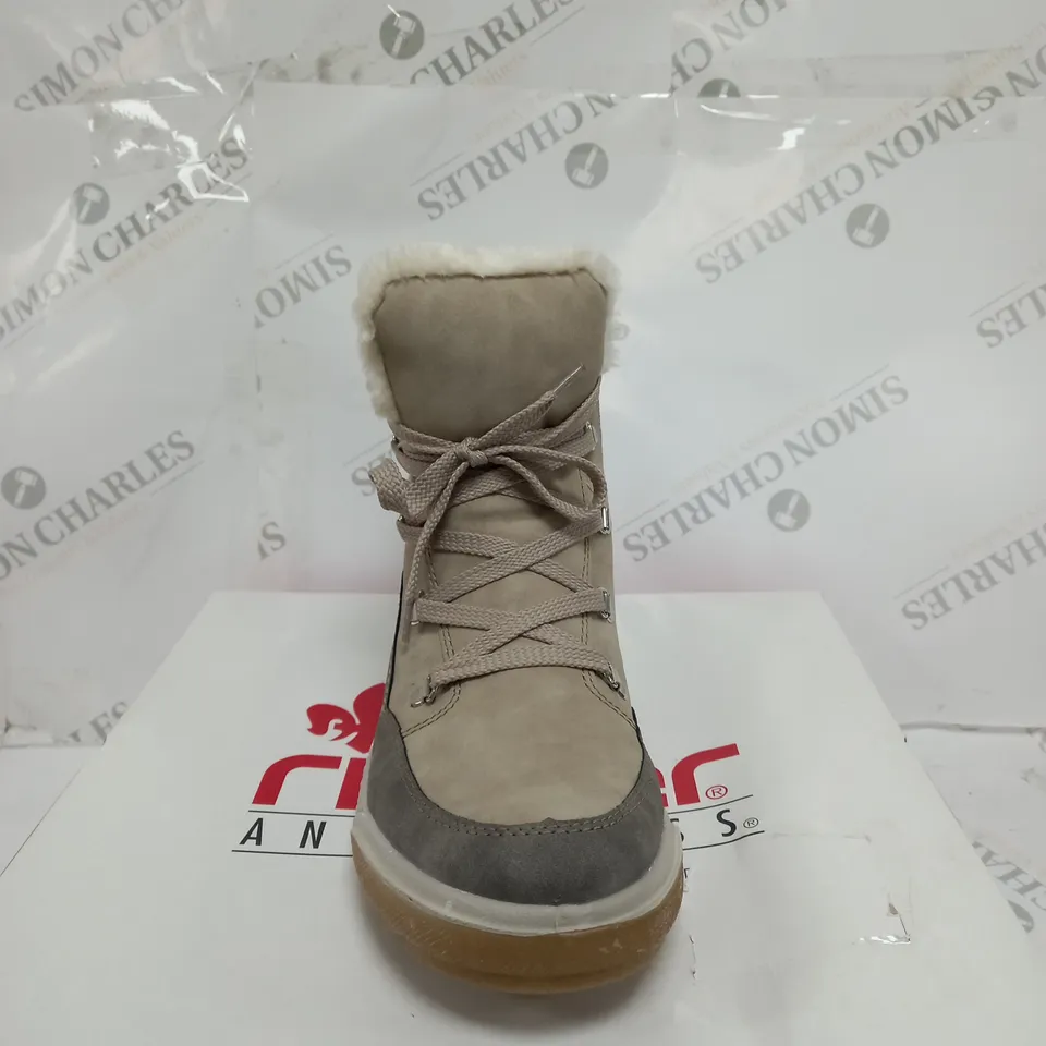 BOXED PAIR OF RIEKER WATER RESISTANT HIKING BOOTS, CREAM - SIZE 8