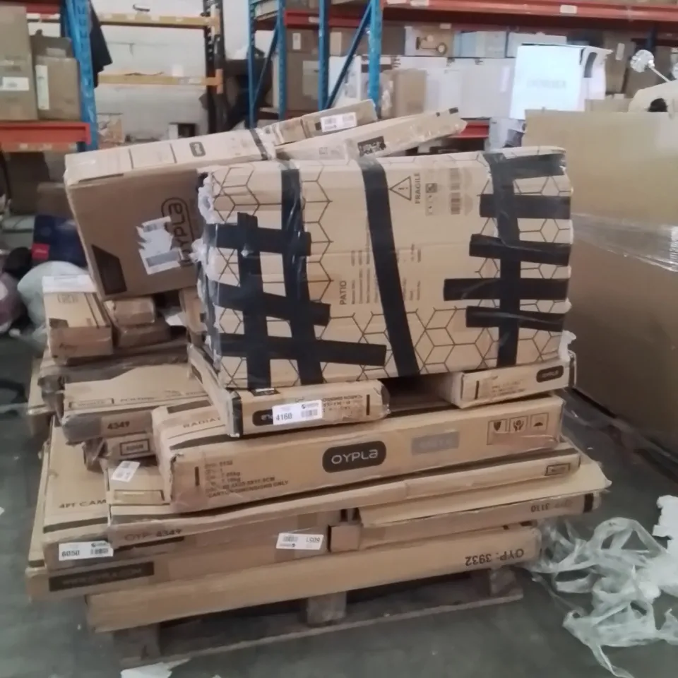 PALLET OF OYPLA FLATPACKED PRODUCTS AND ITEMS TO INCLUDE;BREAD BIN,EXPANDING TRELLIS,FOLDING BAR STOOL,MOUNTED CLOTHES RAIL