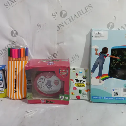 BOX OF APPROX 30 ASSORTED TOYS TO INCLUDE - STABILO PENS - CHRISTMAS JOKES - ARSENAL DOBBLE ECT