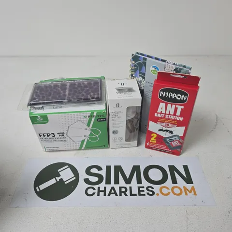 APPROXIMATELY 12 ASSORTED HOUSEHOLD ITEMS TO INCLUDE ANT BAIT STATION, FILTERING HALF MASK, NATURAL FLOW BABY BOTTLE, ETC