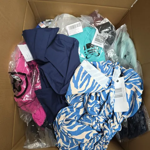 LARGE BOX OF APPROXIMATELY 20 ASSORTED CLOTHING ITEMS IN VARIOUS SIZES, STYLES AND COLOUR