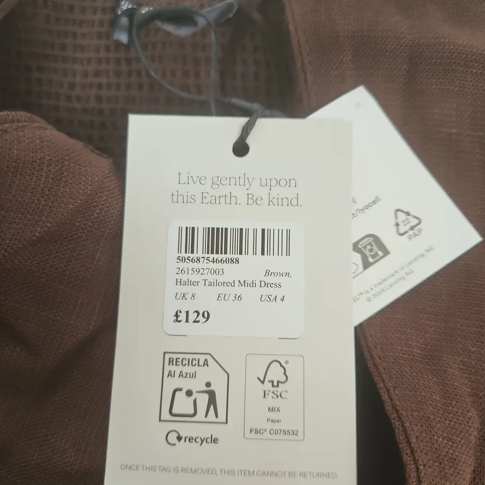 NOBODY'S CHILD HALTER TAILORED MIDI DRESS – BROWN, UK 8 (EU 36, USA 4)
