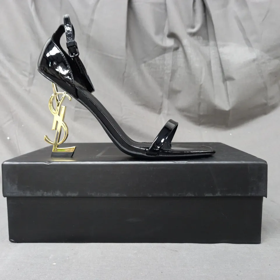 BOXED PAIR OF SAINT LAUREN OPEN TOE HEELS IN BLACK EU SIZE 38