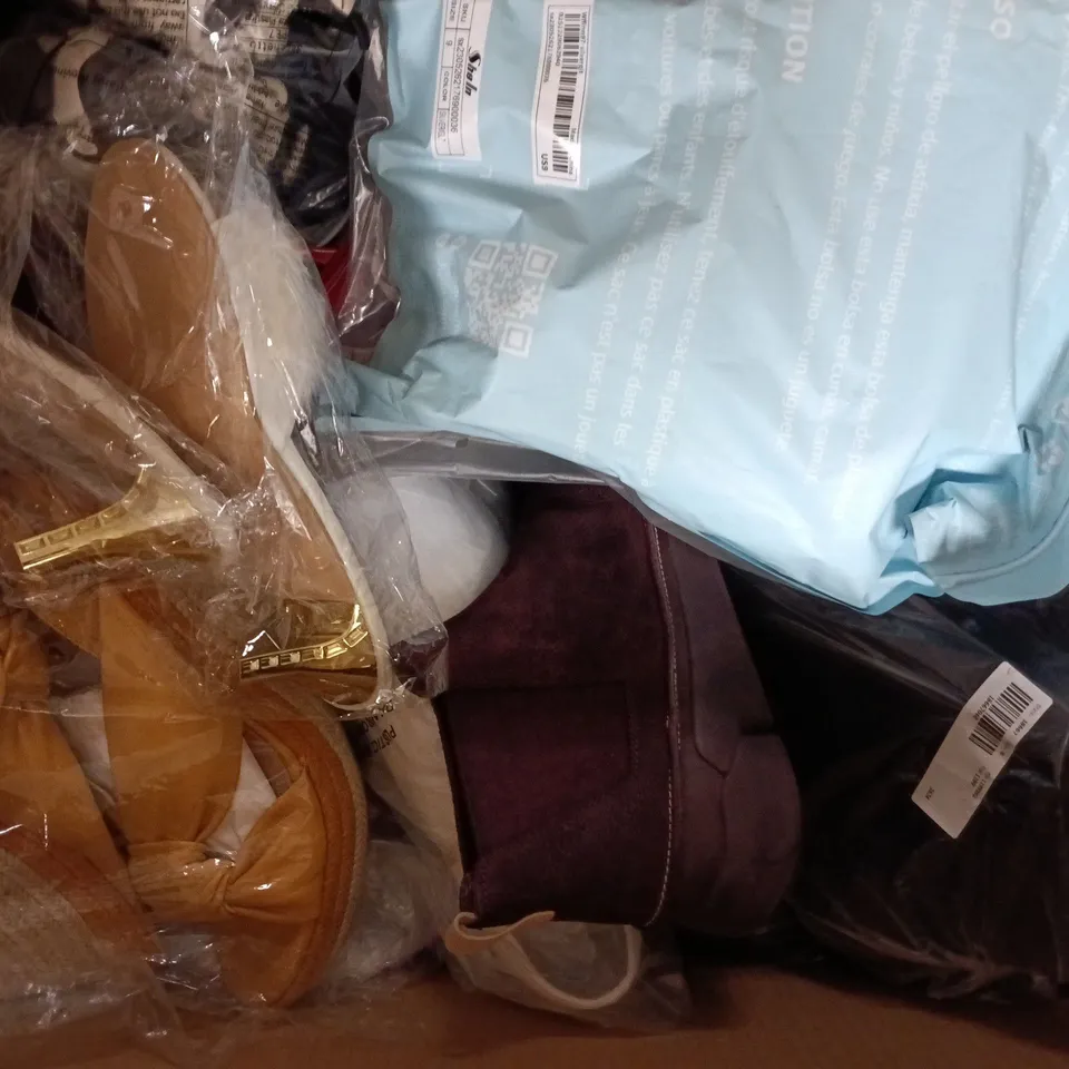BOX OF APPROXIMATELY 15 ASSORTED PAIRS OF SHOES AND FOOTWEAR ITEMS IN VARIOUS COLOURS, STYLES, AND SIZES - COLLECTION ONLY