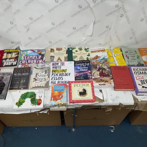 CAGE OF ASSORTED BOOKS TO INCLUDE RJ BARKER THE BANE SHIPS, THE BEAUTIFUL POETRY OF DONALD TRUMP, THEBOOK OF FIVE RINGS, AND THE VERY HUNGRY CATERPILLAR ETC.