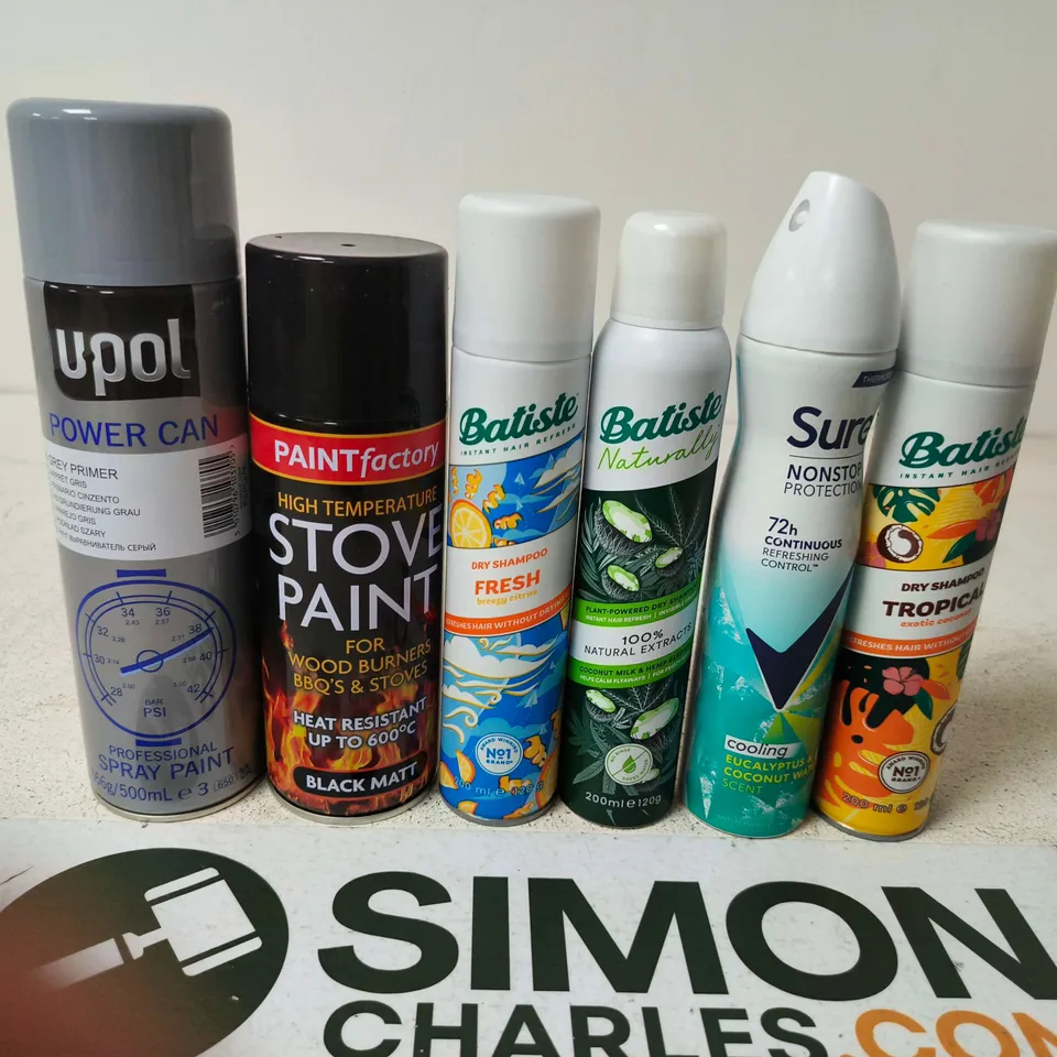 APPROXIMATELY 15 ASSORTED AEROSOLS TO INCLUDE SURE , BATISTE AND STOVE PAINT 