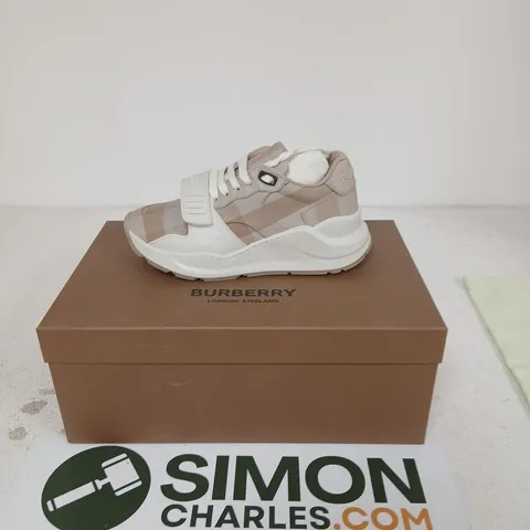 BURBERRY LOW TOP TRAINERS – SOFT FAWN CHECK, UK 3.5 (EU 35)
