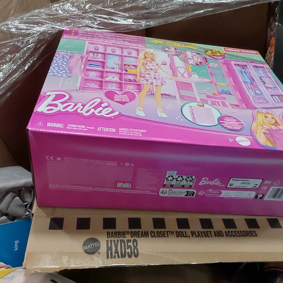 PALLET OF ASSORTED ITEMS INCLUDING: BARBIE DREAM CLOSET, PLAYMOBI MY LIFE SET, UNICORN ACADEMY DOLL, MR BEAST LAB, LEGO FLOWER BOUQUET, FITTED SHEETS, HAND TOWELS ECT