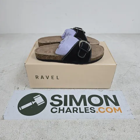 BOXED PAIR OF RAVEL SALTON BLACK SUEDE SANDALS - UK 3