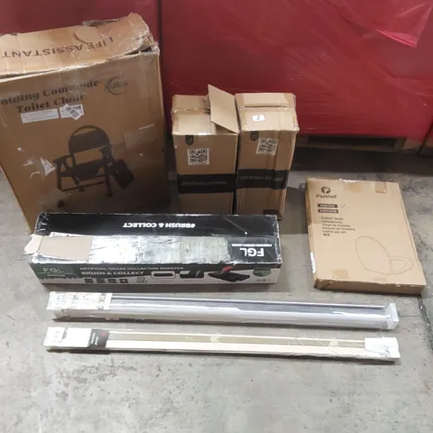 PALLET OF ASSORTED ITEMS INCLUDING: FOLDING TOILET CHAIR, ARTIFICIAL GRASS COLLECTION SWEEPER, BLINDS, TOILET SEAT ECT