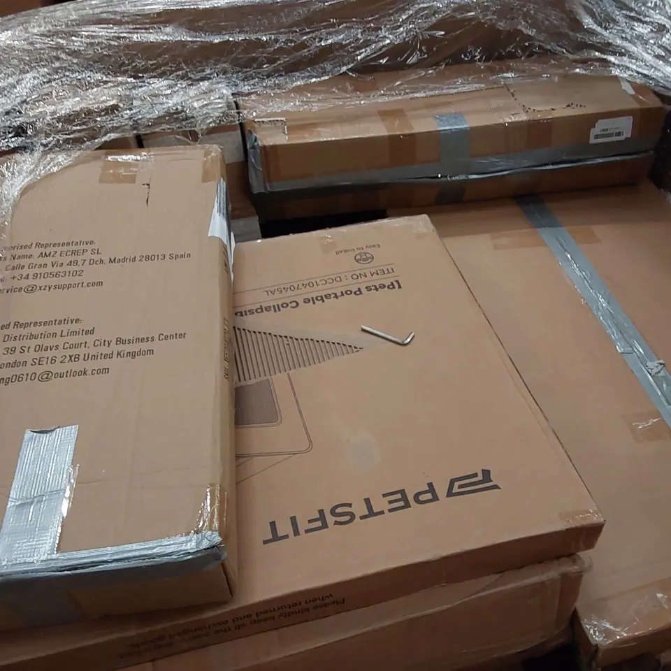 PALLET OF ASSORTED ITEMS INCLUDING: COFFEE TABLE, POWER STATION PORTABLE CHARGER, SCOOTER, PORTABLE PET CRATE 