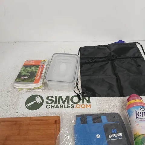 BOX OF APPROXIMATELY 10 ASSORTED ITEMS INCLUDING LENOR IN-WASH SCENT BOOSTER, A BLACK DRAWSTRING BAG AND SHAPES FITNESS BELT AND SHAPER