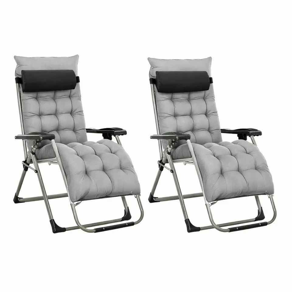 BOXED NEO ZERO GRAVITY GREY RECLINING SUN LOUNGER WITH PADDED CUSHIONS SET OF 2