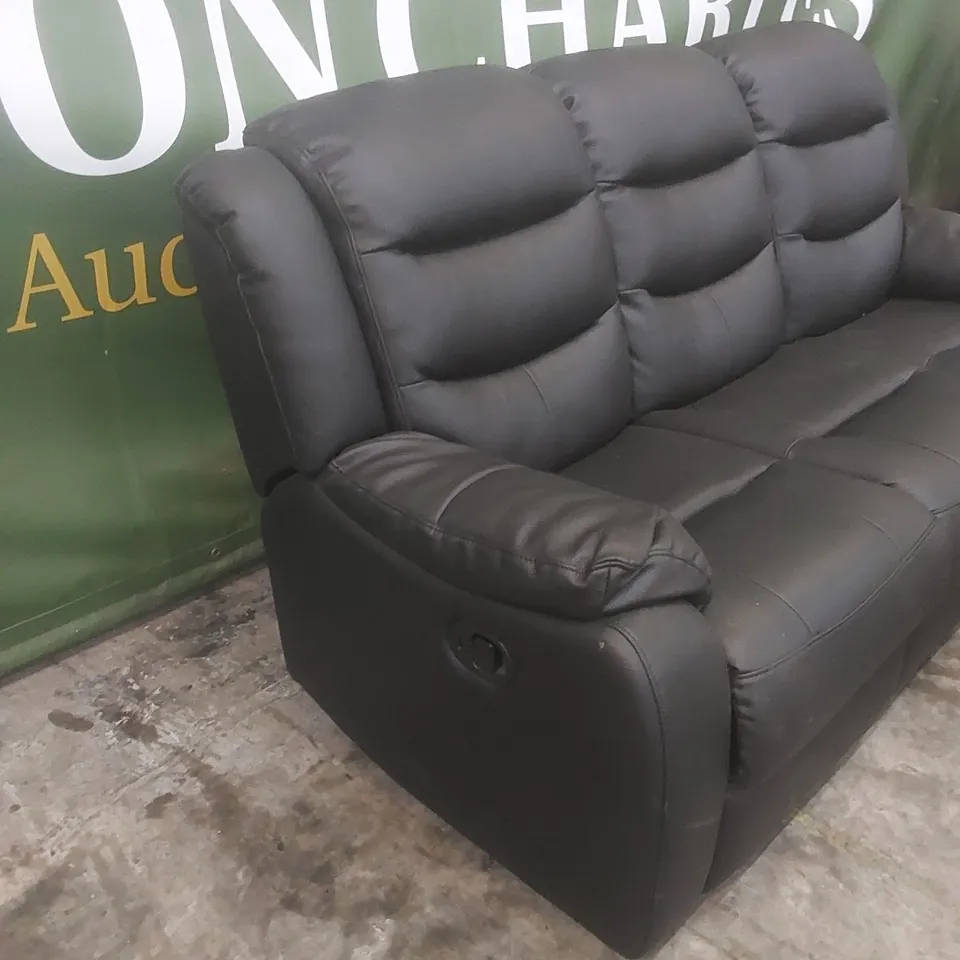 DESIGNER 3 SEATER MANUAL RECLINER SOFA - BLACK FAUX LEATHER