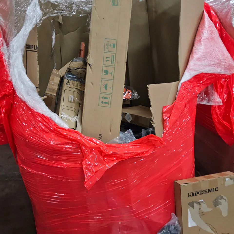 PALLET OF ASSORTED ITEMS TO INCLUDE, RUCKSACS, WHEELCHAIR CUSHION SET, LORINA ADULT PADS, CABLE TIES, BOXED SHOE STORAGE CABINET, TOILET SEATS, JIG SAW PUZZLES.
