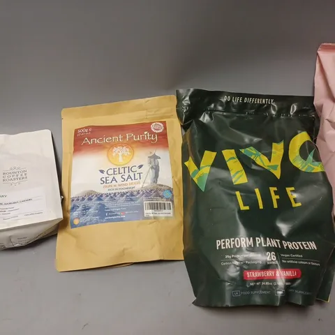 BOX OF APPROX 8 ASSORTED FOOD ITEMS TO INCLUDE - GRIND HOUSE BLEND - MUSHROOM BREW - VIVO LIFE PERFORM PLANT PROTEIN ECT