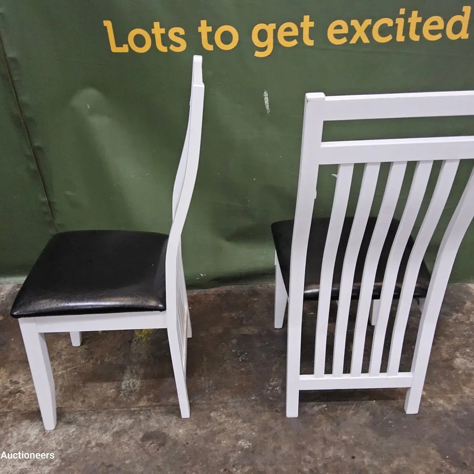 PAIR OF WHITE PAINTED FRAME DINING CHAIRS BLACK PU SEAT PADS