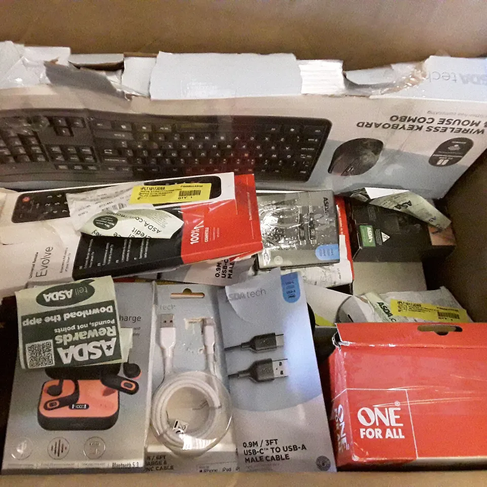 BOX OF ASSORTED ELECTRONIC PRODUCTS INCLUDING KEYBOARD & MOUSE, WIRELESS EAR BUDS, REMOTES, USB C CABLES 