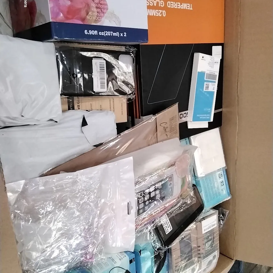 PALLET CONTAINING 6 BOXES OF ASSORTED HOUSEHOLD ITEMS TO INCLUDE WOVEN FACE MASKS, GLASS TABLET PROTECTORS AND EPOXY RESIN SET