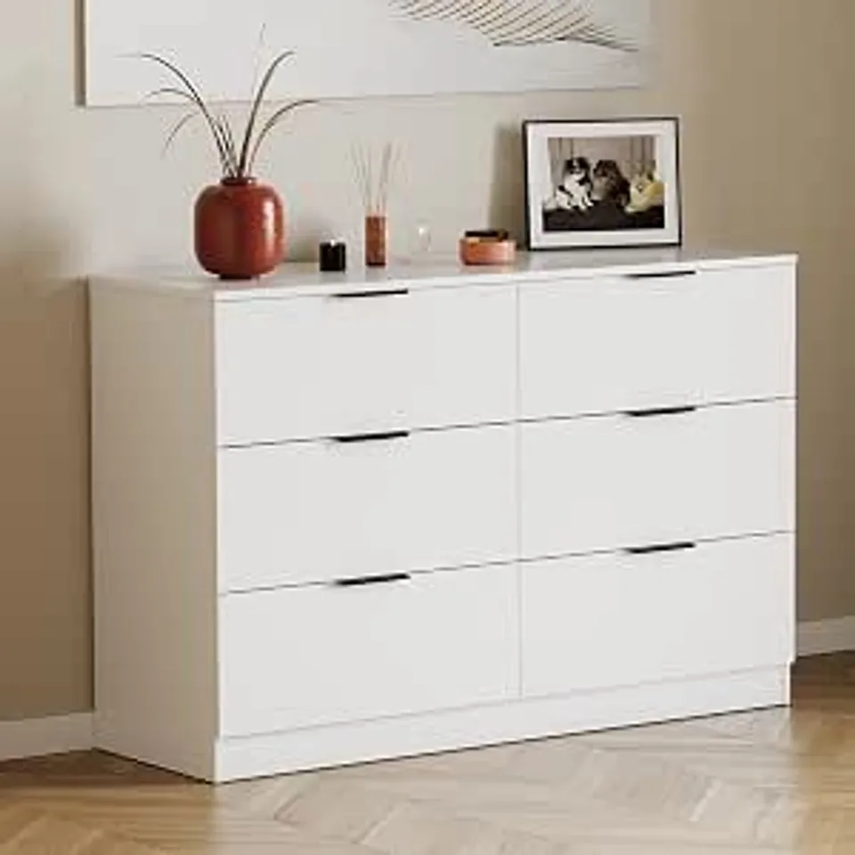 BOXED VIDA DESIGNS TREGA 6 DRAWER CHEST OF DRAWERS WHITE - WIDE SPACE-SAVING BEDROOM STORAGE UNIT - 80HX110WX36DCM (2 BOXES)
