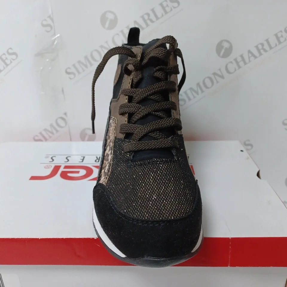 BOXED PAIR OF RIEKER HIGH TOP MIX MATERIAL TRAINER BOOTS UK SIZE 6.5