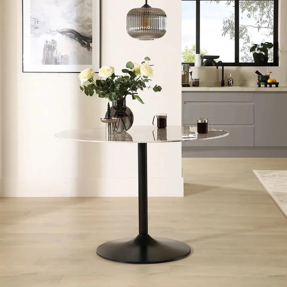 BOXED ORBIT ROUND DINING TABLE 110cm - GREY MARBLE EFFECT & BLACK STEEL (3 BOXES)