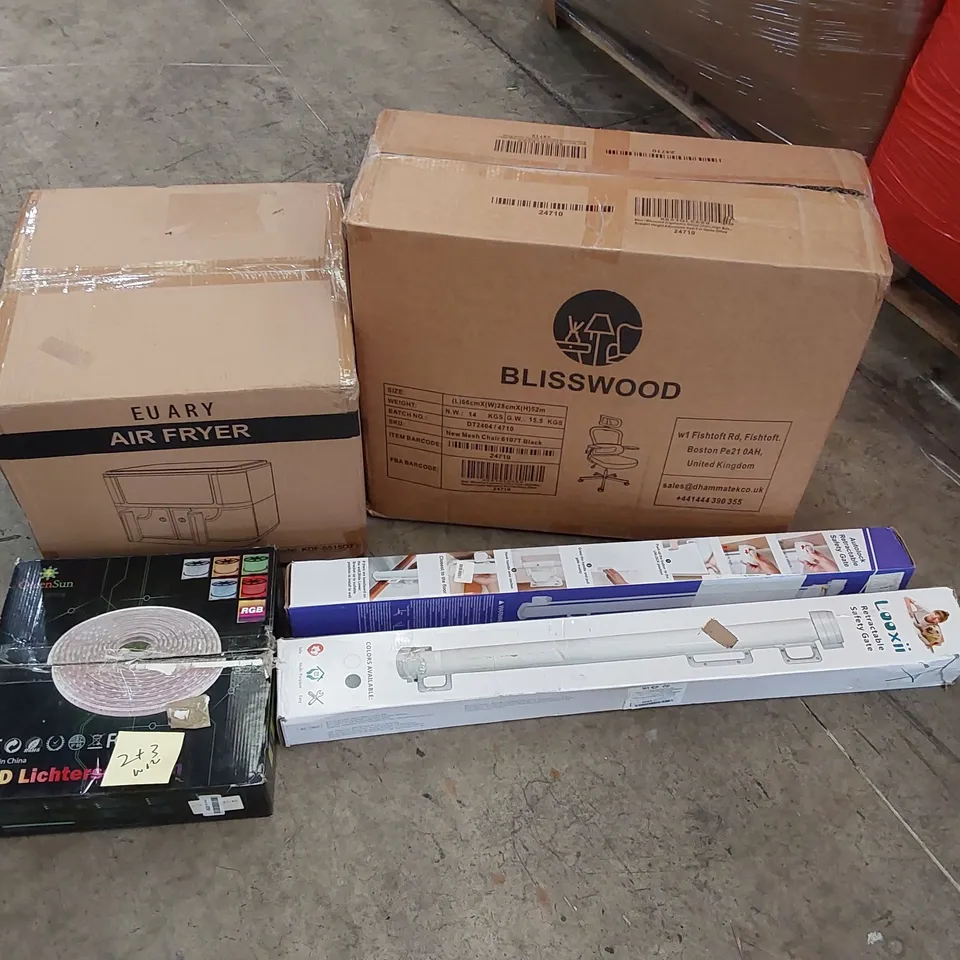 PALLET OF ASSORTED ITEMS INCLUDING: AIR FRYER, OFFICE CHAIR, LED STRIP LIGHTS, RETRACTABLE SAFETY GATES