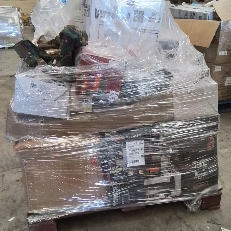 PALLET OF ASSORTED HOUSEHOLD GOODS AND PRODUCTS TO INCLUDE;TONER CARTRIDGE,VACUUM CLEANER,CAMOUFLAGE OVERALL,SLOW COOKER,MIXER