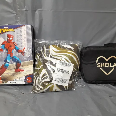 BOX OF APPROXIMATELY 5 ASSORTED ITEMS TO INCLUDE -LEGO MARVEL SPIDERMAN , SHEILA BAG , MIDI DRESS ETC