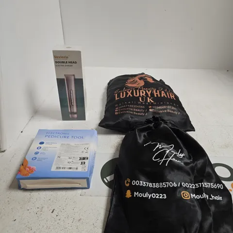 TOTE OF APPROXIMATELY 10 ASSORTED ITEMS INCLUDING MAYDAY HAIR EXTENSIONS, EXCLUSIVE BEAUTY AND HAIR LUXURY HAIR UK HAIR EXTENSIONS AND VEXLORIA DOUBLE HEAD ELECTRIC SHAVER