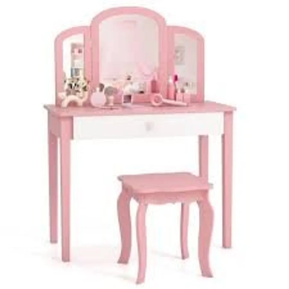 BOXED COSTWAY CHILDREN'S DRESSING TABLE AND CHAIR SET DRESSING TABLE SET WITH FOLDING MIRROR & DRAWER PINK + WHITE