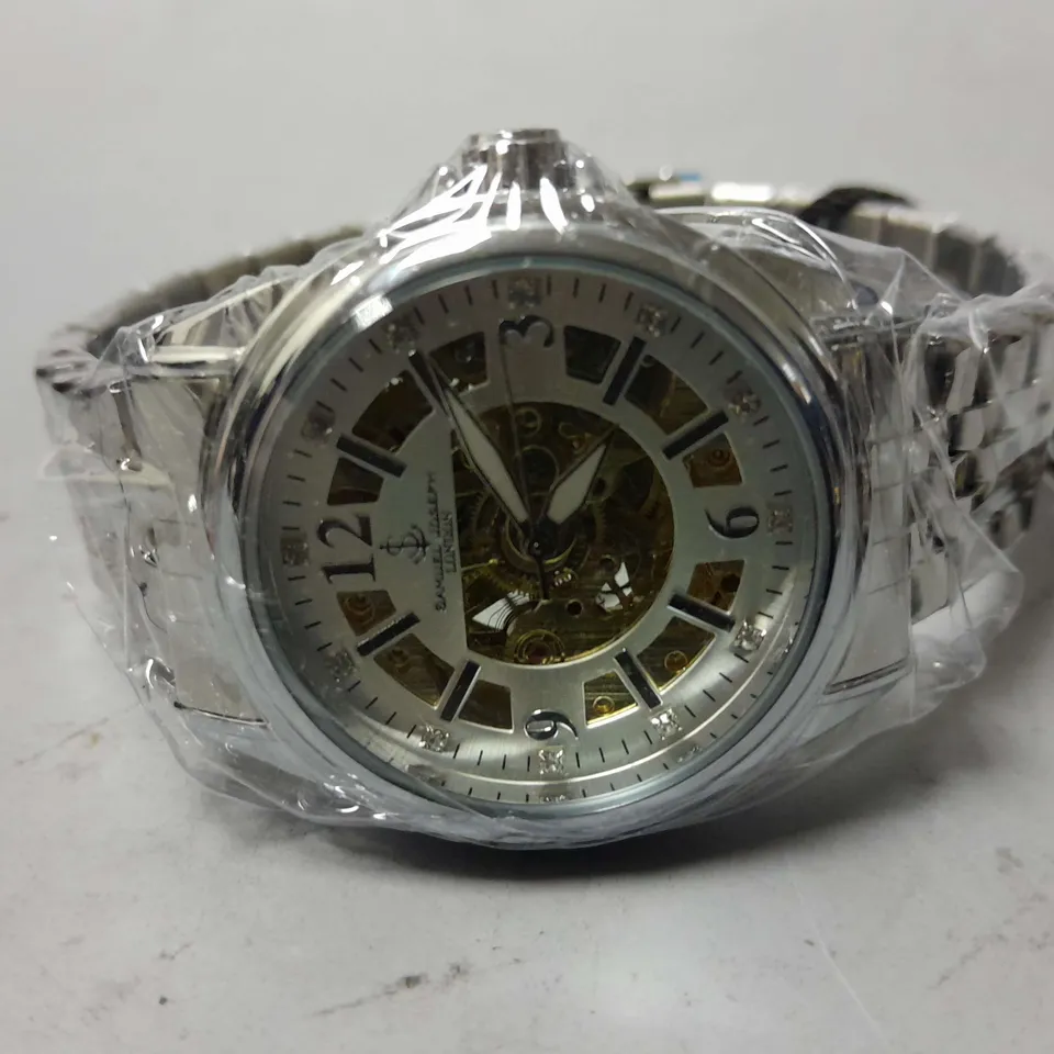 BOXED SAMUEL JOSEPH SKELETON JUBILLE STEEL WATCH