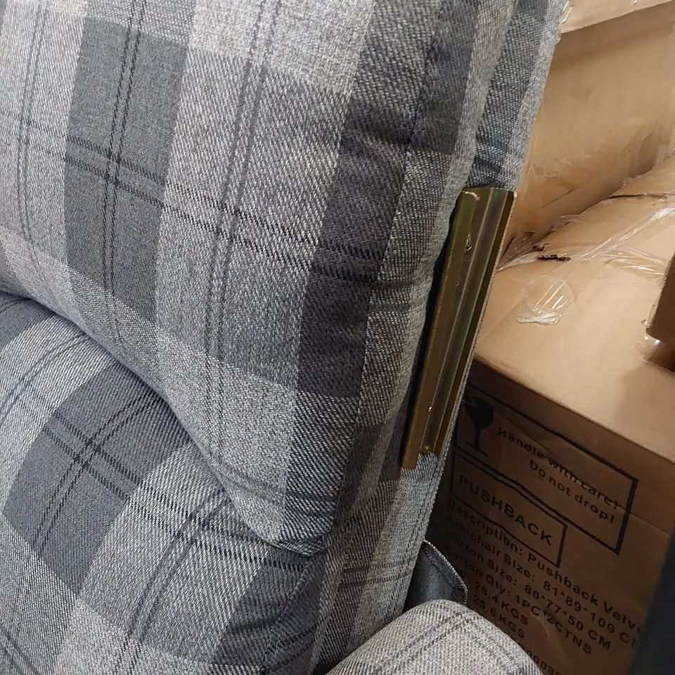 DESIGNER PUSHBACK RECLINING EASY CHAIR GREY CHEQUED FABRIC