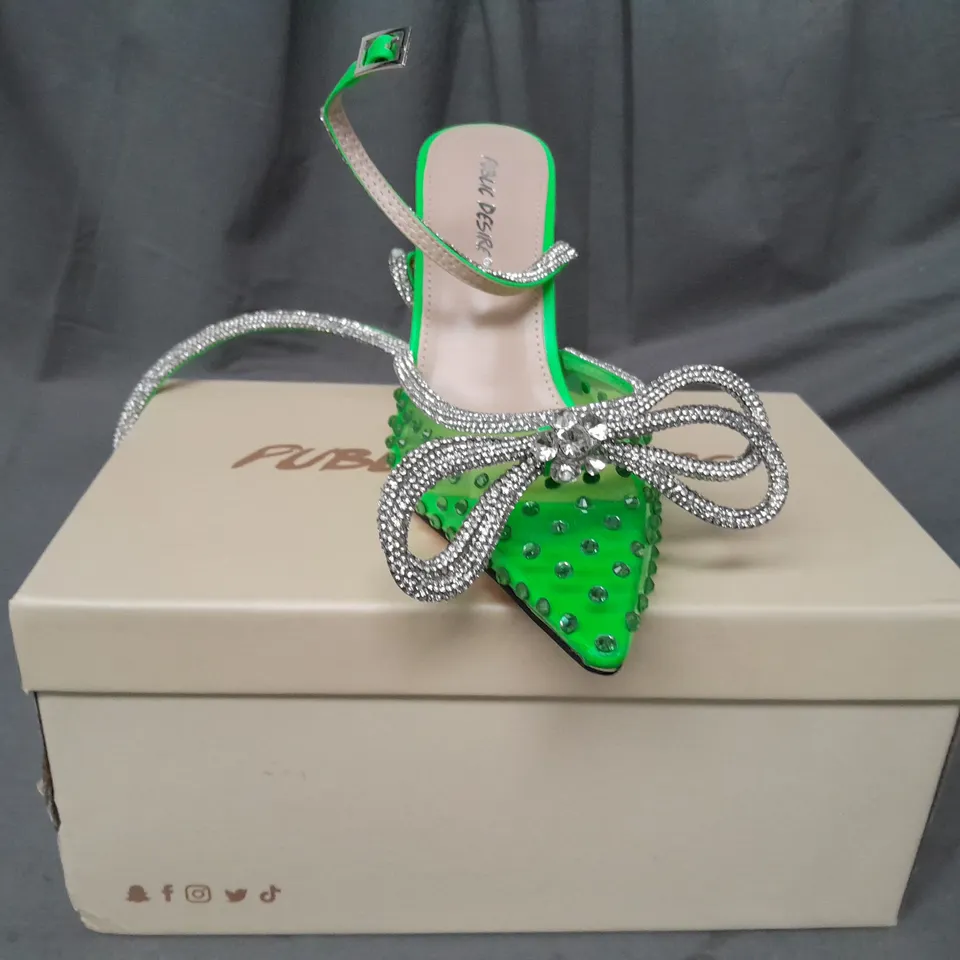 BOXED PAIR OF PUBLIC DESIRE POINTED TOE HEELS IN NEON GREEN W. JEWEL EFFECT UK SIZE 5
