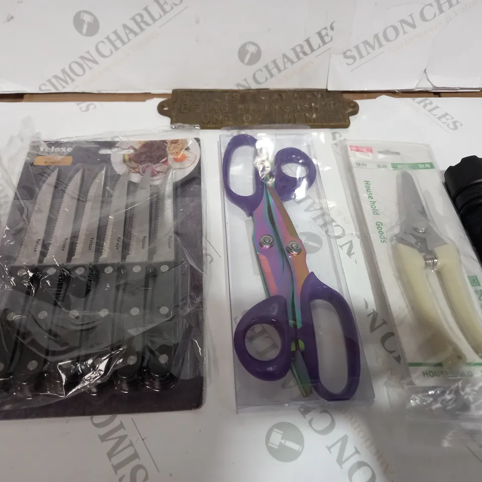 BOX OF ITEMS TO INCLUDE KNIFE SET, PLIERS, SCISSORS ETC
