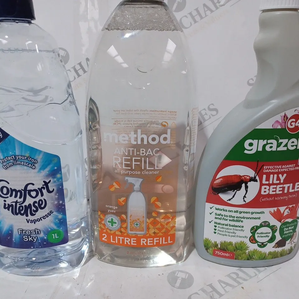 APPROXIMATELY 10 ASSORTED HOUSEHOLD ITEMS TO INCLUDE METHOD ANTI-BAC ALL PURPOSE CLEANER, G4 GRAZERS, COMFORT INTENSE, ETC - COLLECTION ONLY