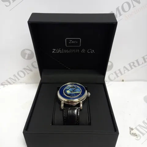 MENS ZIHLMANN & CO AUTOMATIC WATCH – Z150 – MOONPHASE DIAL – GLASS EXHIBITION BACKCASE - SILVER COLOUR CASE – BLACK LEATHER STRAP