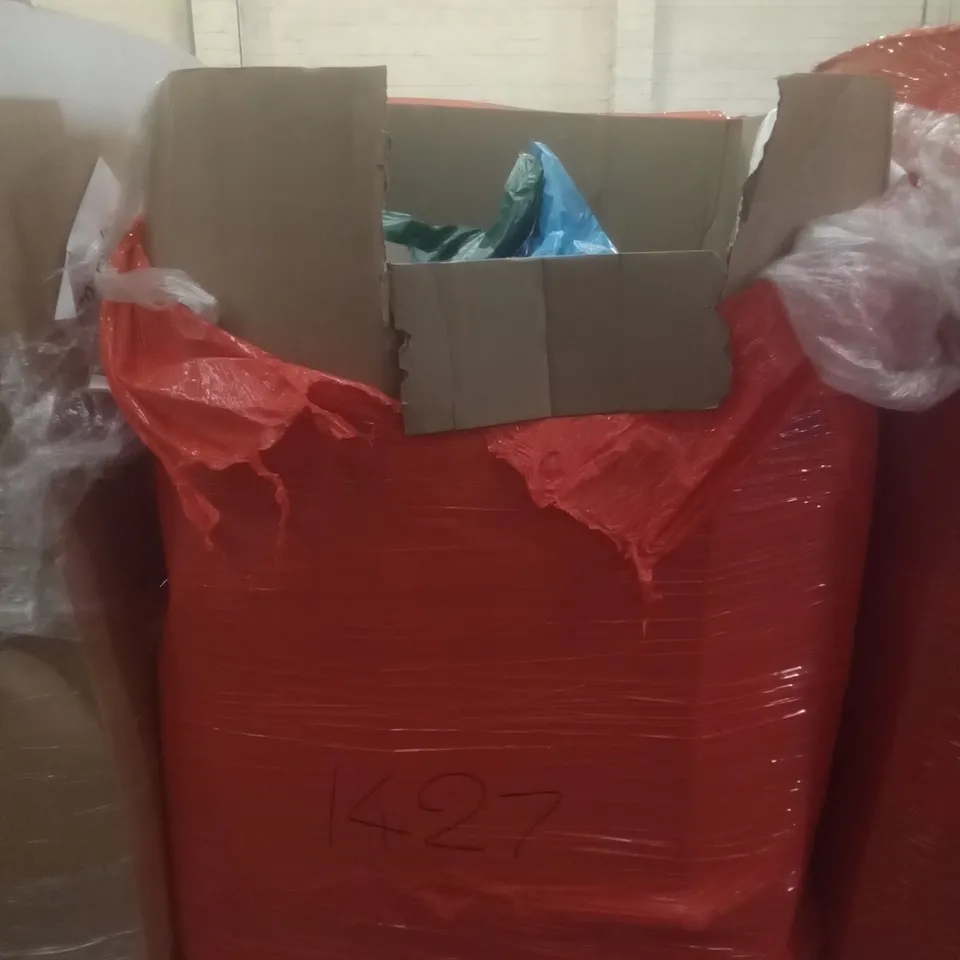 PALLET OF ASSORTED ITEMS INCLUDING ROUND WOODEN FOLDING TABLE, WOODEN HANGERS, PLASTIC STORAGE TUB, PROUS CONVECTOR HEATER, STREAM PRESSURE WASHER 