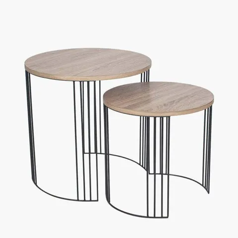 BOXED ATRI S/2 DARK OAK WOOD VENEER AND BLACK METAL SIDE TABLES (1 BOX)